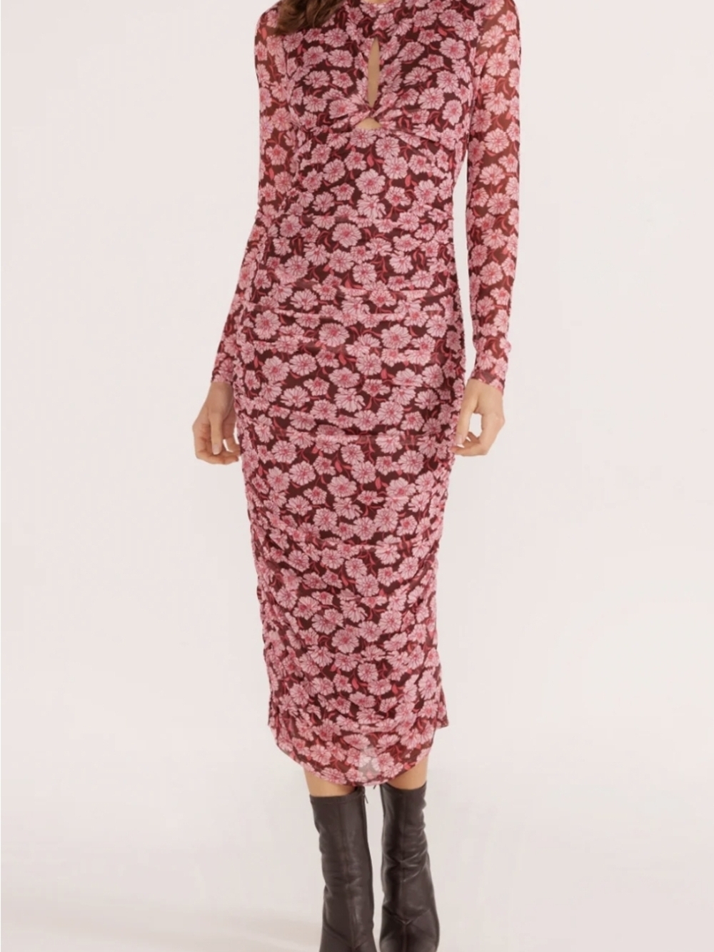 MINKPINK Rose Pink Floral Long Sleeve Midi Dress with Front Twist